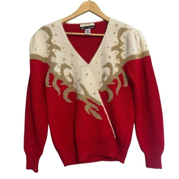 Vintage Sweaters - Dana Scott Sweater Womens M Red Gold Beaded Christmas Ugly Angora Wool 80s Vtg